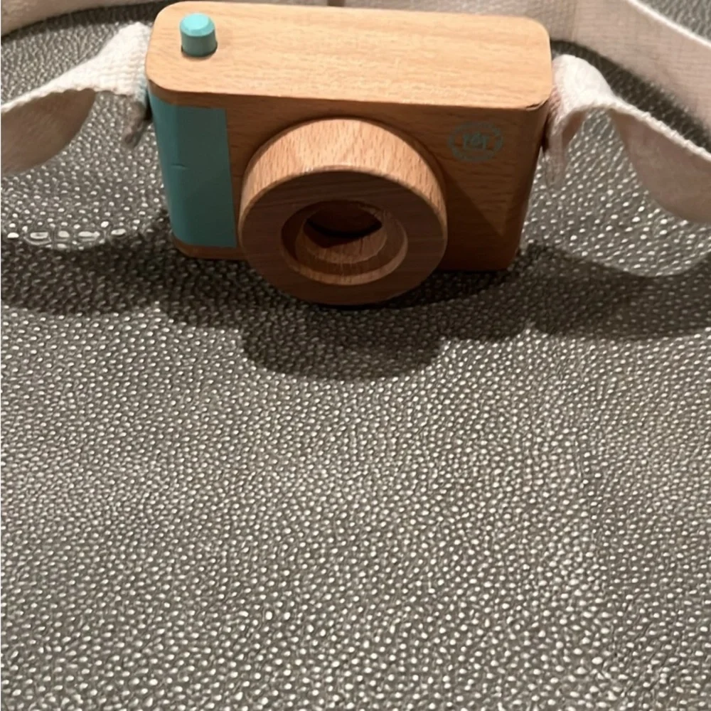 Natural Wood Toy Camera with Blue Accent